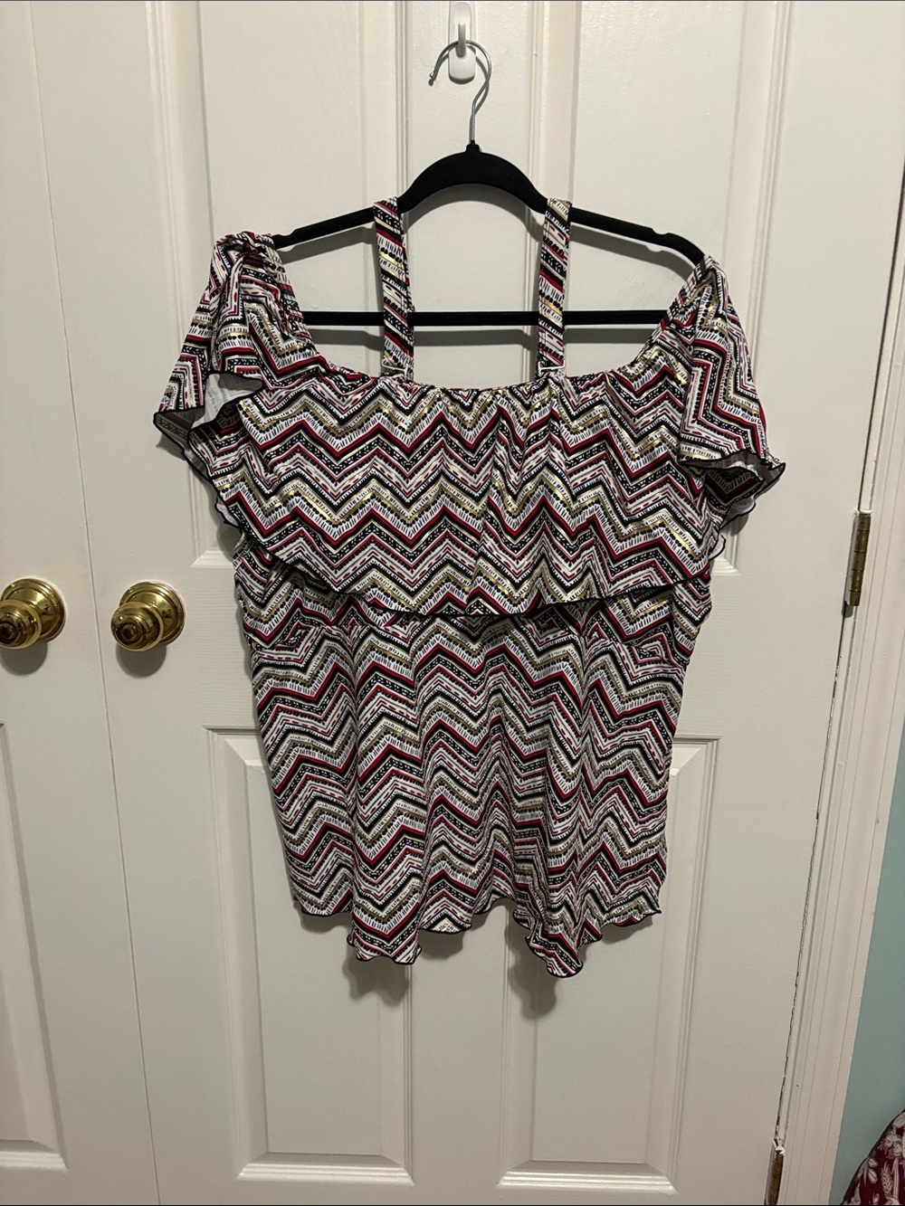 Swimsuits For All Chevron Off-Shoulder Swim Top in Black, White & Pink